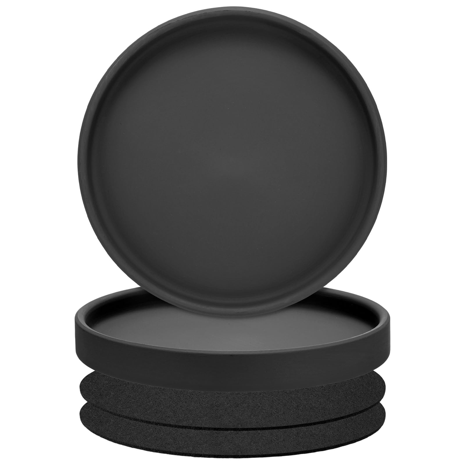TIXIPEM 2 Pack Black Ceramic Plant Saucer, Round Drip Tray for Indoors & Outdoors, Ceramic Plant Trays to Catch Water Drainage for Potted Plants with Waterproof Felt Plant Mat [6.1 Inch]