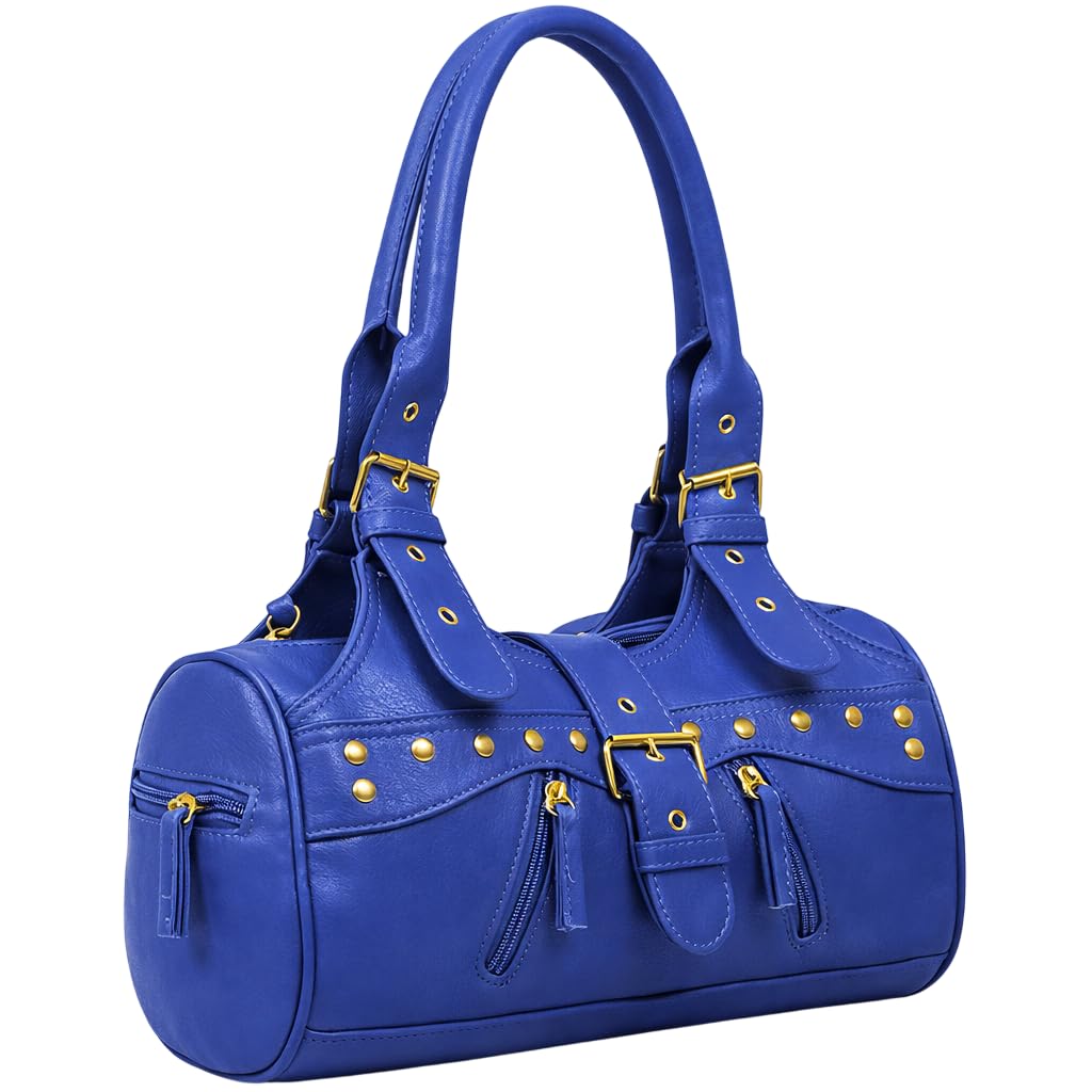 Eye Catch Women's Royal Blue ’S Faux Leather Everyday Handbag Shoulder Bag With Twin Handles, Stud Detail & Zip Pockets