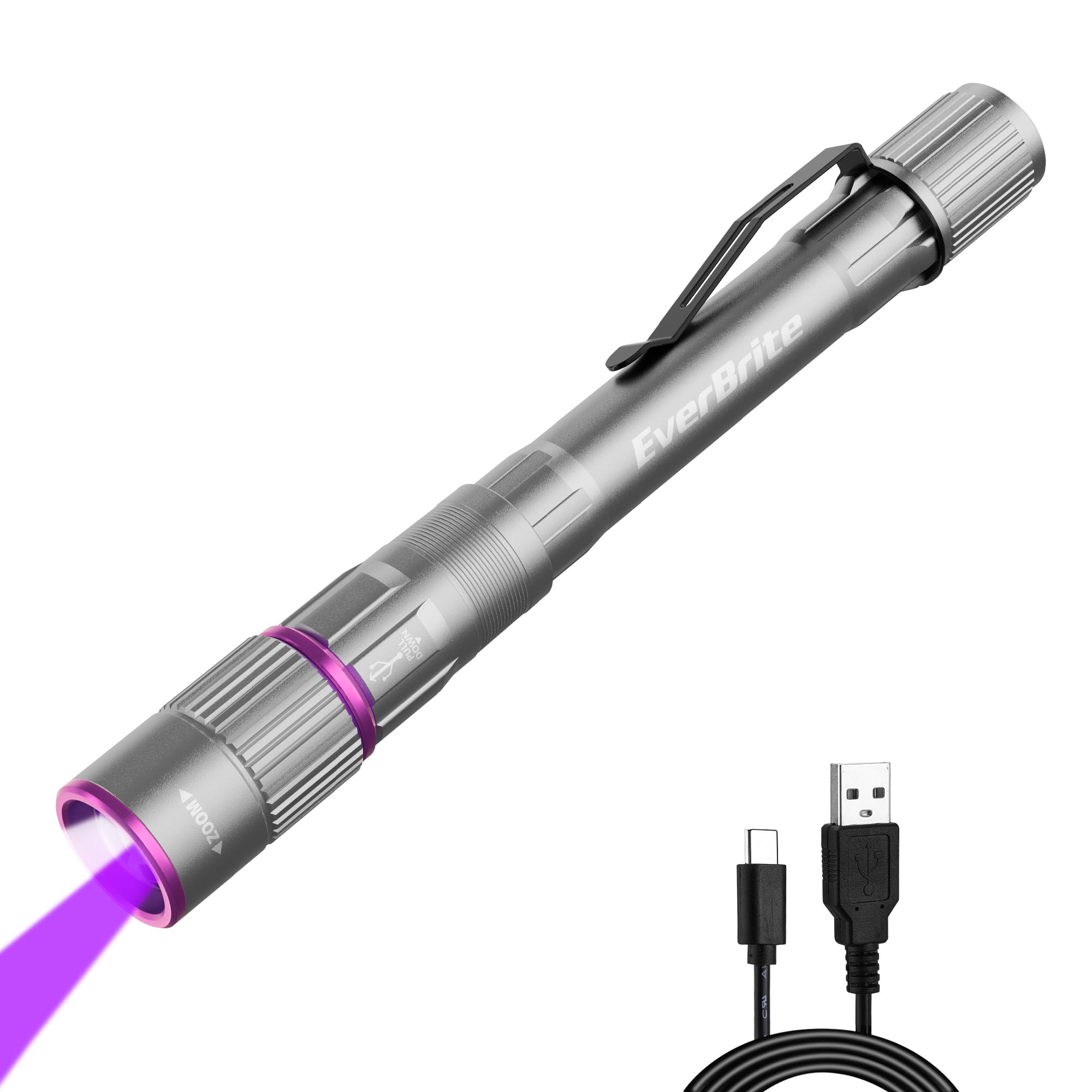 EverBrite Rechargeable Pen Flashlight with UV Light and White Light, 395nm Black Flashlight with Clip, Zoomable 4 Modes with Memory, USB C Cable, for Camping, Emergency, Pet Urine Detection,