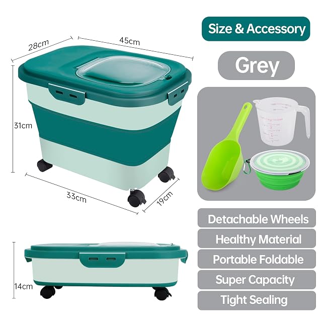 Foto 2 de 6 de Wuciray Contenedor Comida Perro Pienso Plegable 7-10kg con Ruedas Cuenco Pala y Taza Medidora Caja Hermético