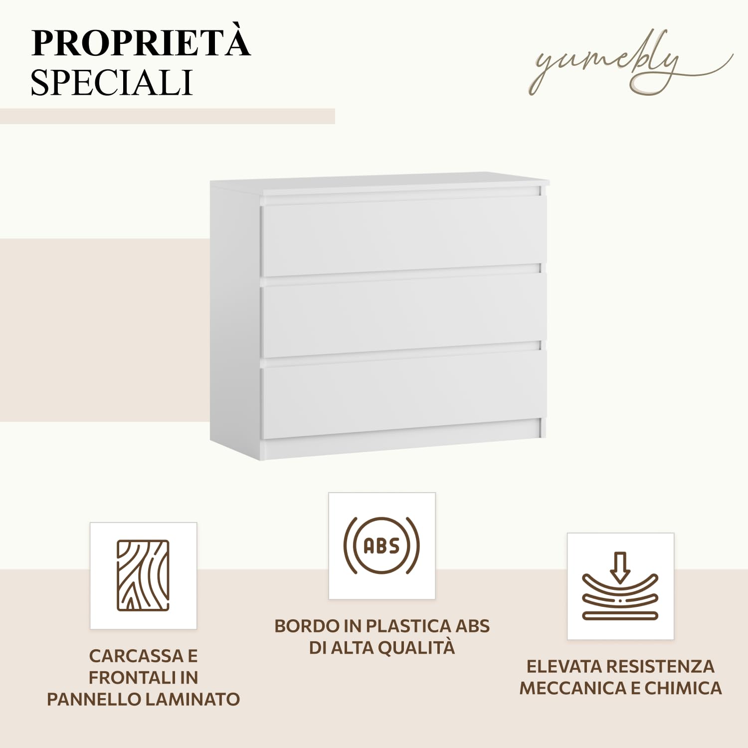 Cassettiera a 3 cassetti | Bianco 90 cm Ideale per camera da letto, soggiorno, camera dei bambini e ufficio | Cassettiera spaziosa | Design moderno | 90 x 75 x 40 cm