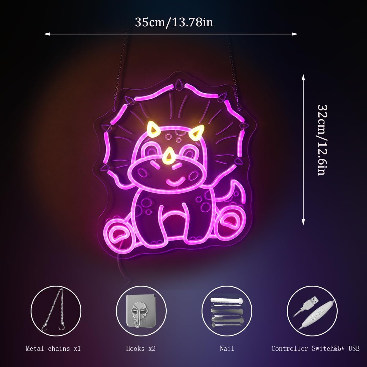 Nordstylee Cute Triceratops Dinosaur Neon Light - Pink Dimmable LED Wall Sign for Girls Room Decor, USB Powered with Hanging Kit, Bedroom Nursery Party Christmas Wall Art Gift for Dino Lovers image 5