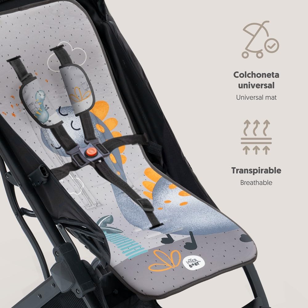 Interbaby Materassino per passeggino, universale, estivo, con palma, grigio, traspirante, confortevole, 100% cotone, 84 x 34 cm, protezioni per imbracatura