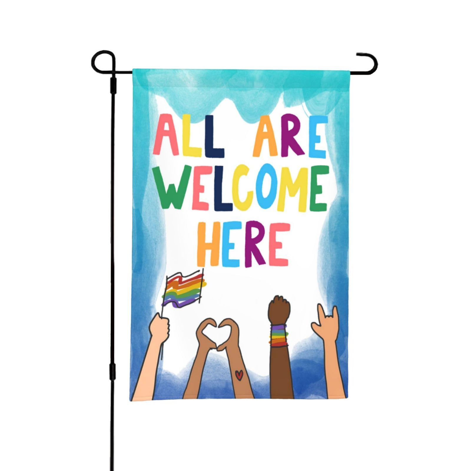 Welcome Garden Flags Double Sided Decorative House Flag All Are Welcome Here Hand Blue Personalized Seasonal Yard Flag Porch Patio Decor Outdoor Burlap Flag Rustic Garden Flags 12.5x18 Inch