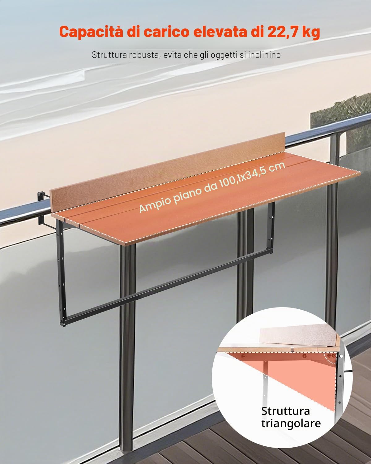 VEVOR Tavolo Sospeso per Balcone Pieghevole per Ringhiera del Balcone da 1000 x 485 x 480 mm, Tavolo da Bar all'Aperto in Acciaio Inox per Ringhiere, Regolabile su 5 Livelli Altezza