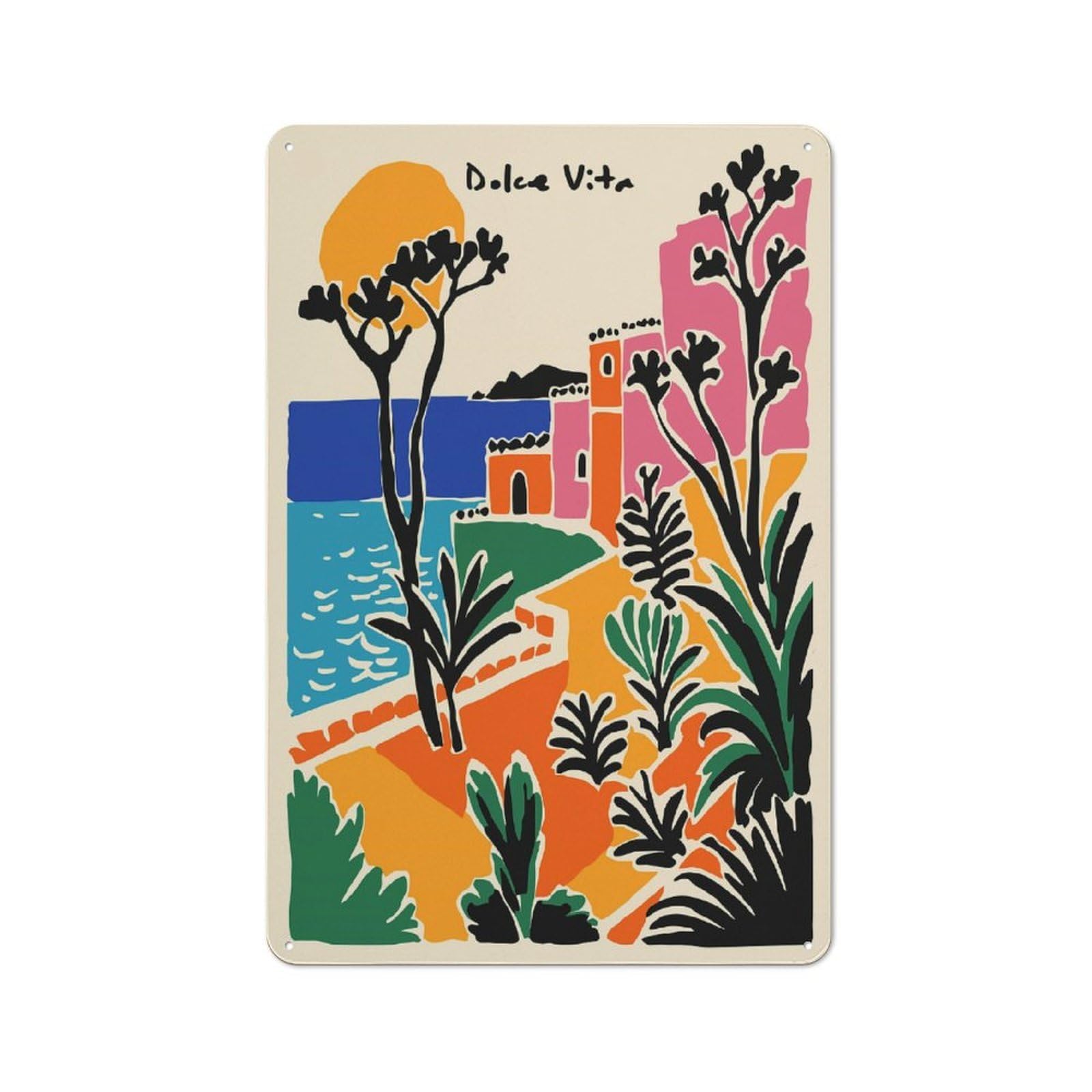 Junmoney Style-1 Dolce Vita Coastal Landscape Illustration Decorative Tin Sign 30X20cm, Rustic Rustic Kitchen Decor For Kitchen, Cottage, Porch Or Garden Room