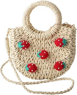 QTKJ Mini Semi-circle Rattan Straw Handbags, Hand-Woven Women Summer Retro Straw Tote Bag with Cute Dolls Shoulder Bag Crossbody Bag Round Handle Beach Handbags (Khaki, Strawberry)