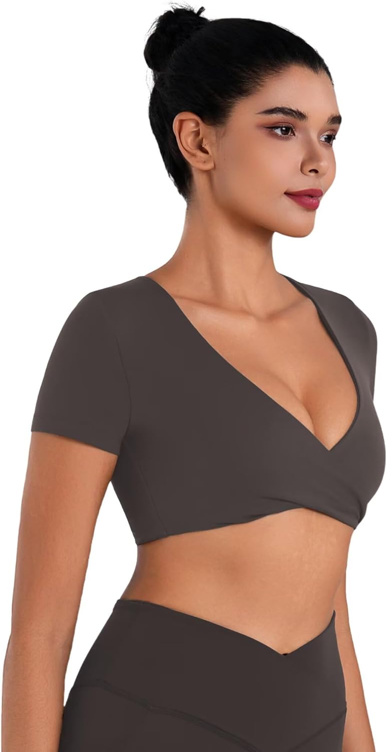 Sunzel Women's Short Sleeve Workout Tops Twist Front Deep V Crop Top Quick Dry Compression Shirts for Yoga Gym Pilates Spring - Image 2