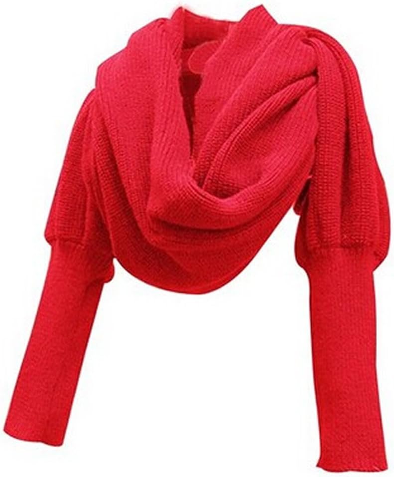 Losuya Women Solid Scarf with Sleeves Crochet Knit Long Soft Wrap Shawl Scarves (Red)