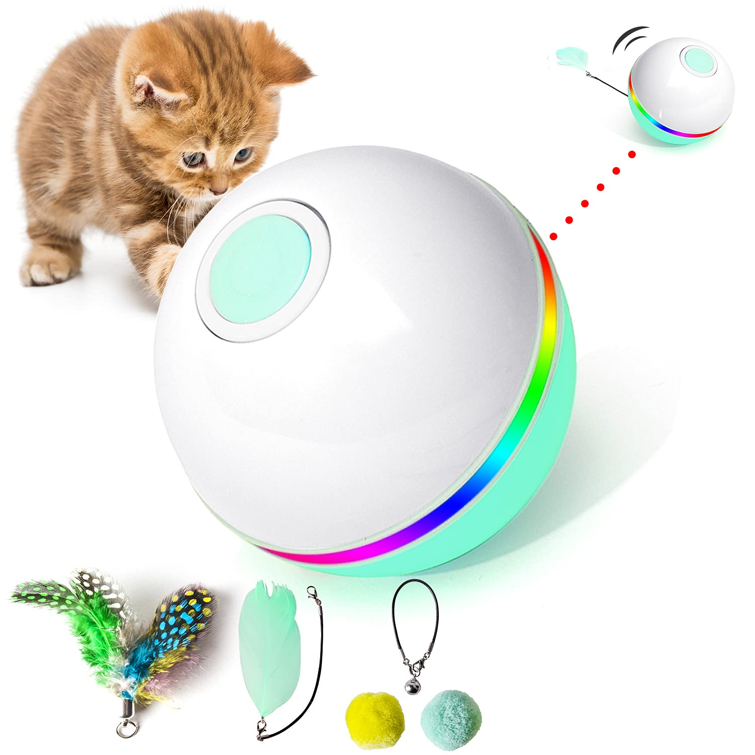 Fairwin Cat Toys Ball, Interactive Cat Toys Ball (5th Gen), Cat Toys for Indoor Cats Adult, Catnip Toys for Cats Kitten Wicked Ball, Cat Ball Toy with LED Light Auto Self-Rotating & USB Rechargeable
