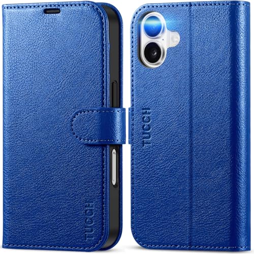 TUCCH Case for iPhone 16 (6.1") 2024 5G, Magnetic PU Leather Wallet Protective Flip Folding Stand Cover with[RFID Blocking]Card Holders[Kickstand][Shockproof TPU]Compatible with iPhone 16, Klein Blue