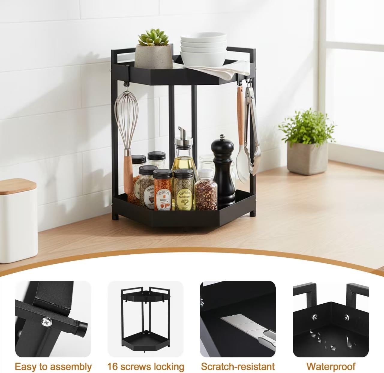 MQFAJN 2 Tier Carbon Steel Black Corner Shelf, Corner Bathroom Counter Organizer 16.93in Length*18.11in Height, for Kitchen Office Bathroom Corner Shelf