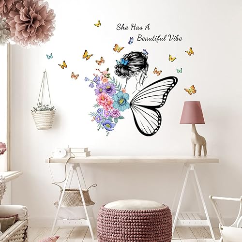 Miniatura 4 de Calcomanías de pared, diseño de mariposa y niña, calcomanías de citas y frases