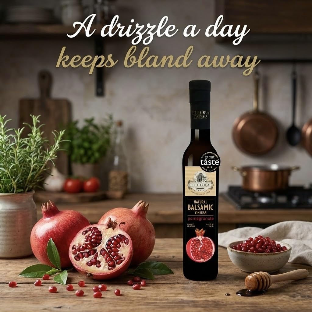 Ellora Farms, Combo Pack Fresh Original and Peach, Pomegranate, Raspberry Infused Balsamic Vinegar Creme Pack, All-Natural, No- Additives, No-Added Sugars, Italian Dark Glass Bottles, Pack of 4