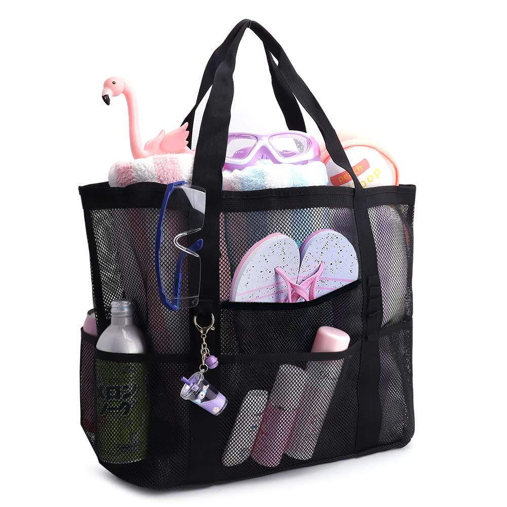 Moguxb Bolso de Playa de Malla Negro Bolso Plegable de Gran Capacidad Bolsa de la Compra Reutilizables Bolso Totes para Playa Viajes Compras