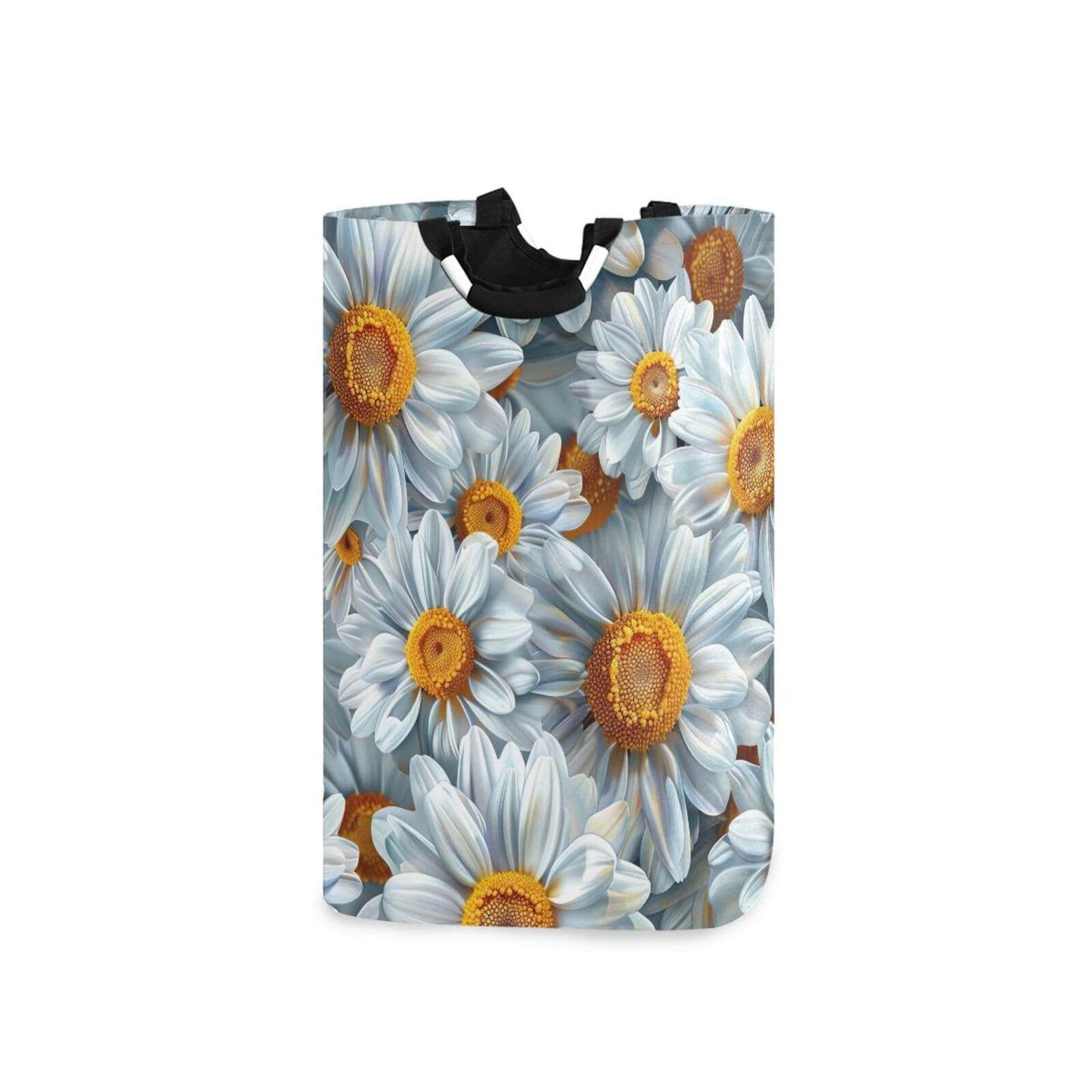 Jihqo Laundry Hamper Basket White Daisy Pattern Collapsible Nursery Storage Bin Waterproof Clothing Baskets for Home Bedroom Bathroom Washing Room