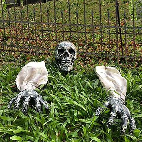 ESSENSON Halloween Decorations Skeleton Stakes, Realistic Scary Yard Lawn Stakes, Skull Head and Arms Decoration for Halloween Party Prop Lawn Outdoor Graveyard Cover