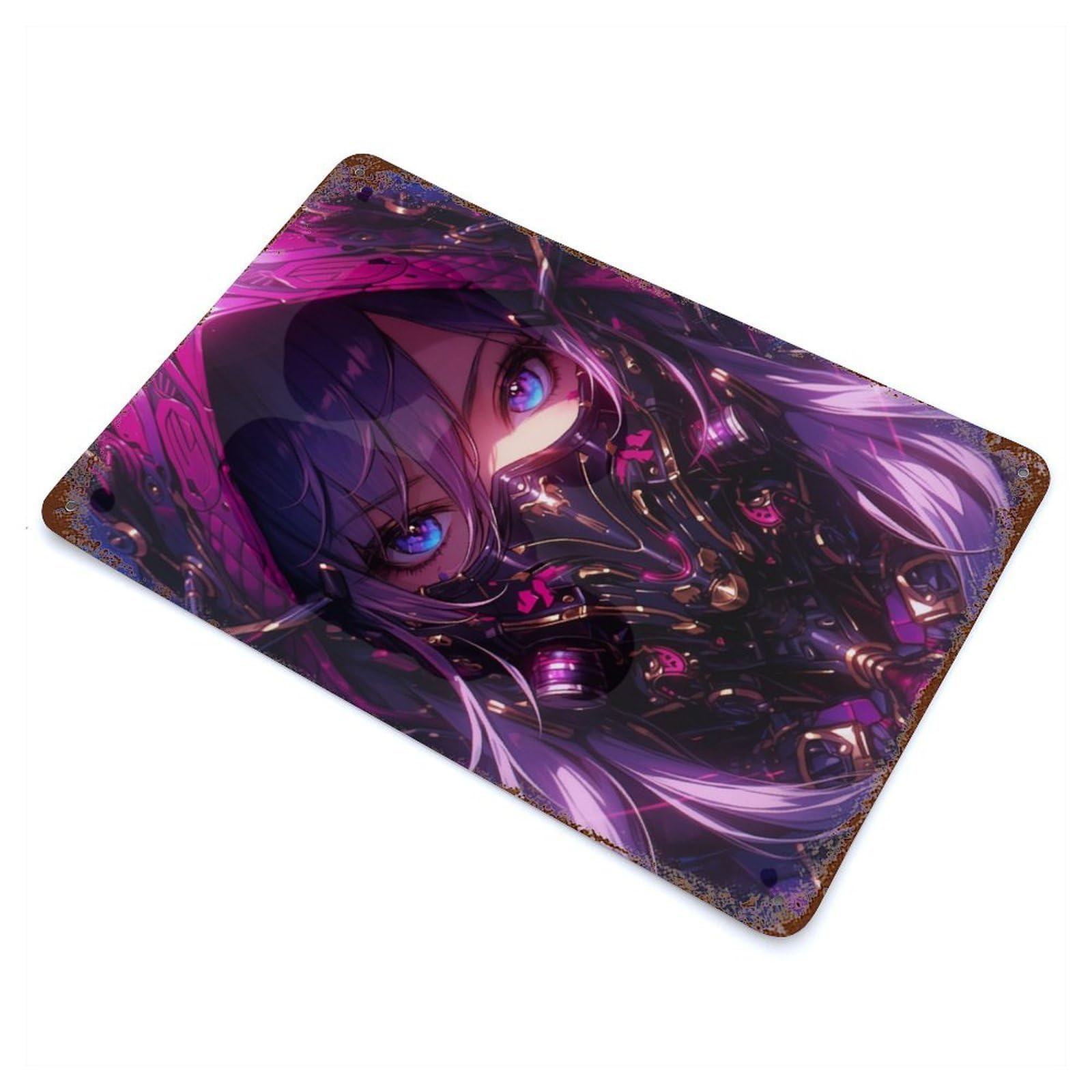 Anime Girl Cybergoth Demon Aged Metal Wall Plaque 11.8"x7.9", Decorative Metal Wall Art for Garage, Pub Or Kitchen
