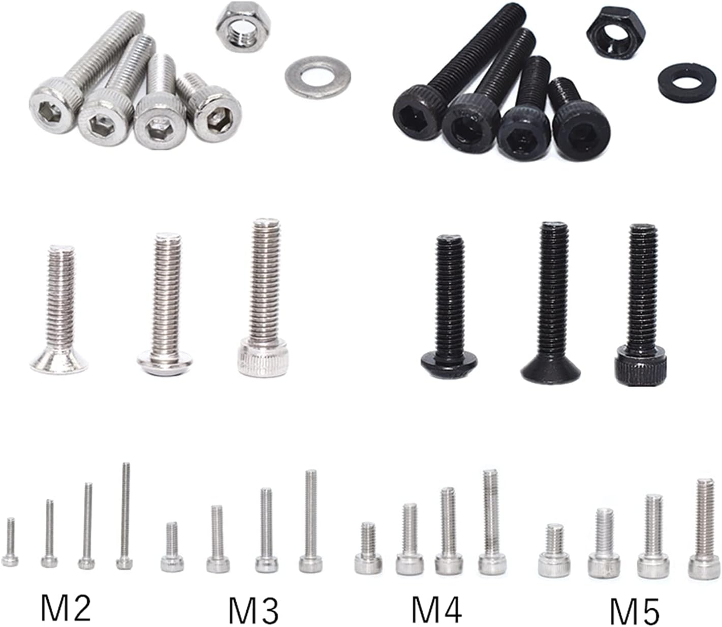 Youngran Boxed Screws M2 M3 M4 M5 M6 304 Stainless Steel Hexagon Hex Socket Cap Head Screw Bolt Nut Set Black Carbon Steel Assortment Kit Leisurely (Color : Set B1)