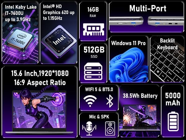 Gaming Laptop 2026,Office & Windows 11 Pro Laptops with 16GB RAM 512GB SSD | Intel Core i7 Processor(Beat i5),15.6" FHD,Backlit Keyboard,2 Yr-Warranty Laptop Computer for College Student Business Gamer thumbnail