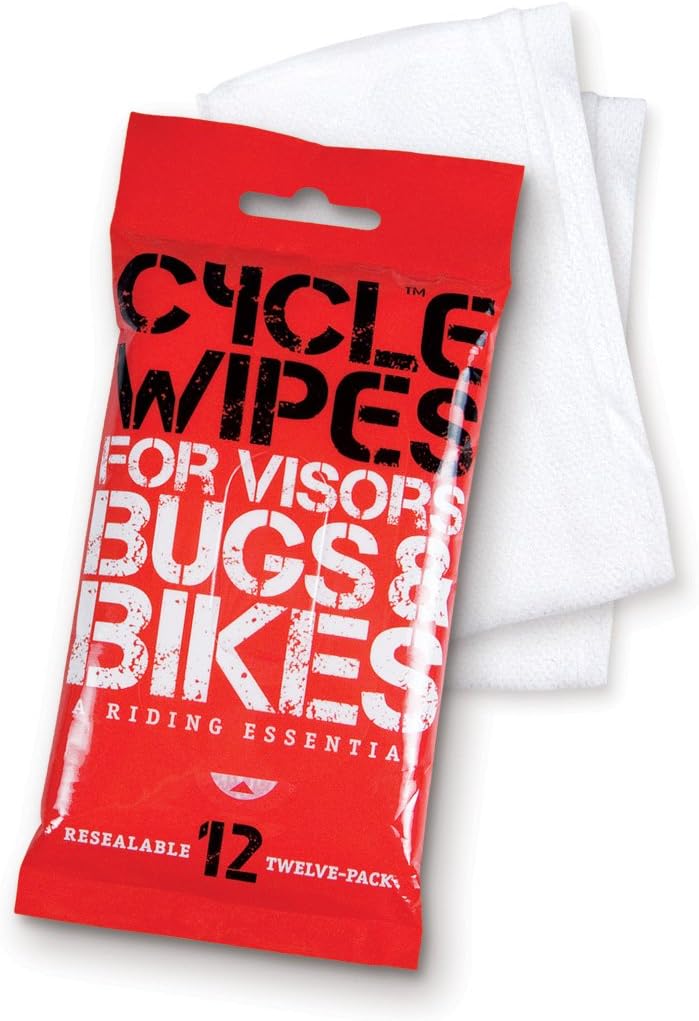 12 Soapy Wet Wipes In Re-sealable Pack. Easily Clean Your Motorcycle Helmet, Visor, Face Shield, Lights, Bike and Hands. Size 8in x 4.5in. Safe, Gentle