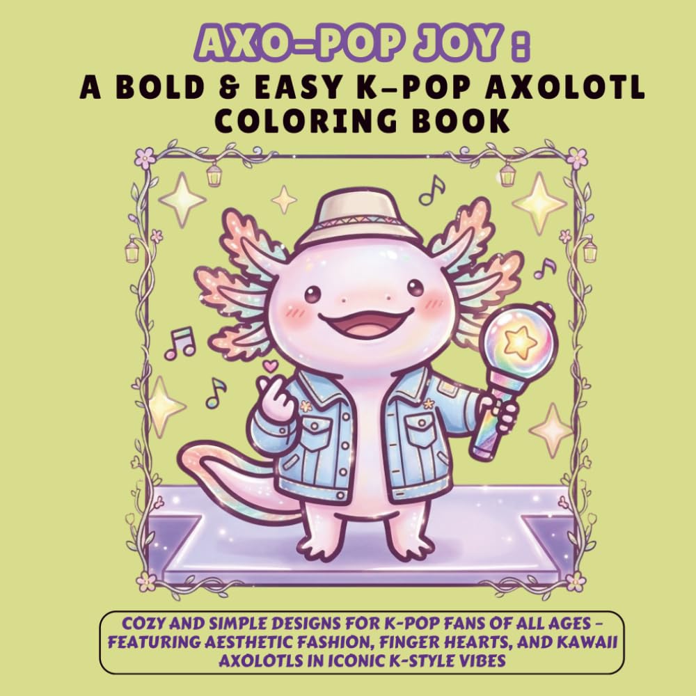 Axo-Pop Joy: A Bold & Easy K-pop Axolotl Coloring Book: Cozy and Simple Designs for K-pop Fans of All Ages – Featuring Aesthetic Fashion, Finger Hearts, and Kawaii Axolotls in Iconic K-Style Vibes