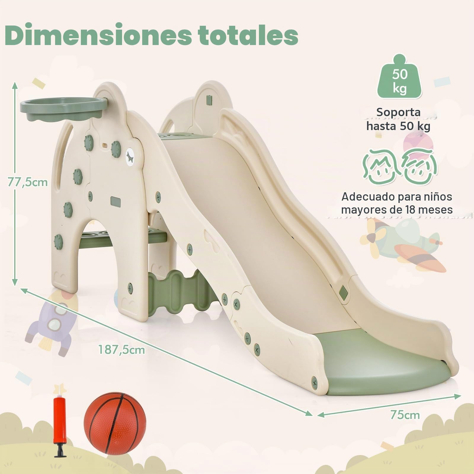 FANTASK Tobogán Infantil para Interior y Exterior, 4 en 1, Incluye túnel, Canasta de Baloncesto y Escalera, tobogán Infantil de Elefante para niños a Partir de 18 Meses