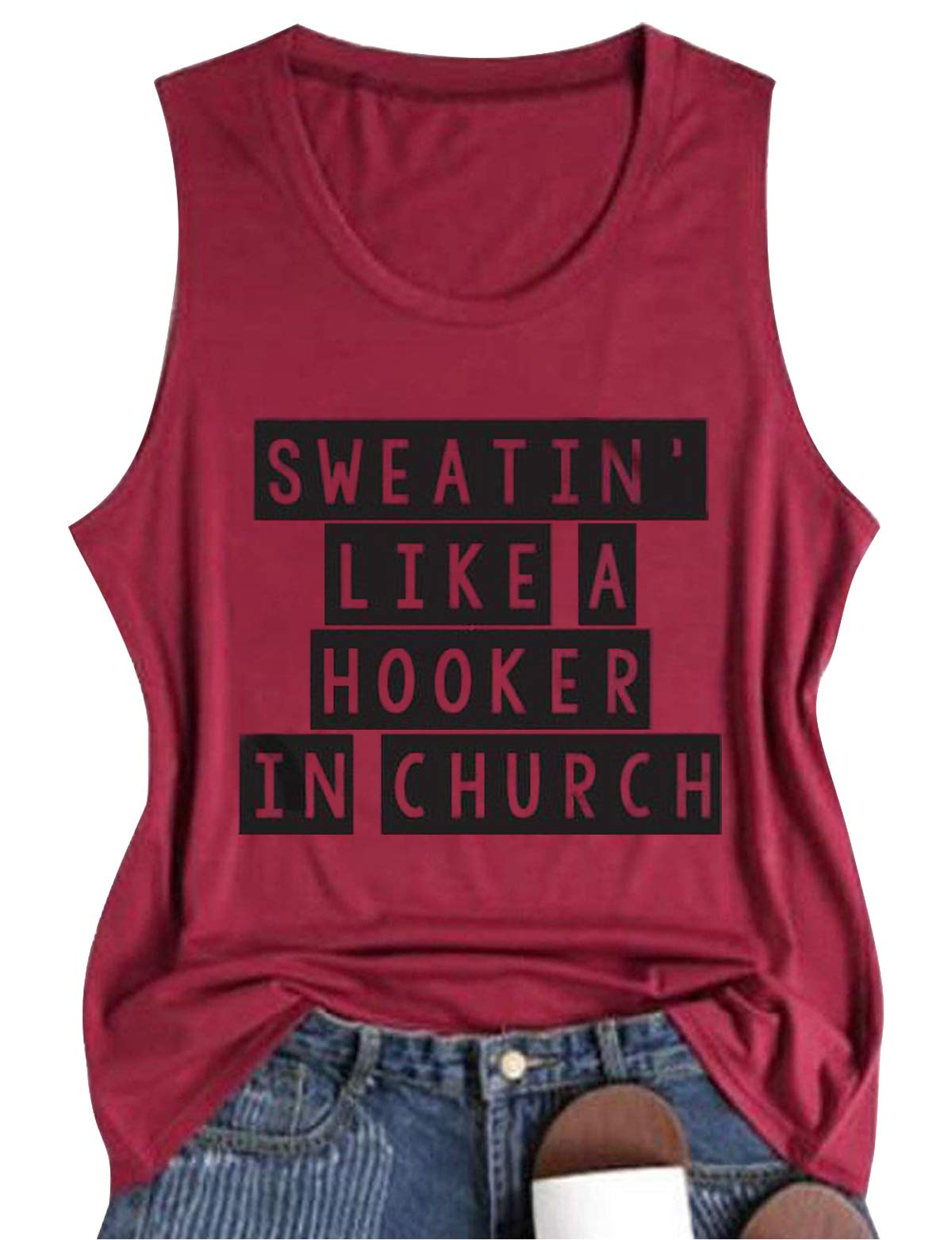 LANMERTREESummer Cute Graphic Tank Tops for Women Sweatin' Like A Hooker in Church Funny Letter Sleeveless T Shirt Tank - Red - Large