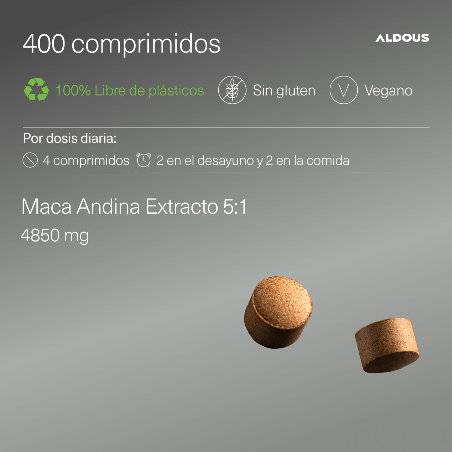 Extracto de BIO Maca Peruana Pura - Máxima Dosis 4850mg - 400 Comprimidos - Altamente Concentrada - Maca pura para 100 días - Aumenta Energía Vitalidad - Certificación Bio - ALDOUS