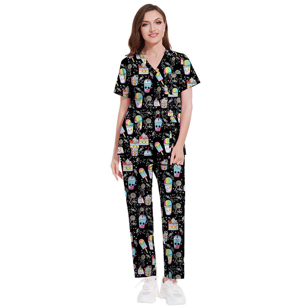 DK73 - Ropa quirúrgica médica para trabajadores sanitarios, estampado de dibujos animados, cuello en V, manga corta, dos bolsillos, poliéster, ligero, para todo el año, juego de trabajo