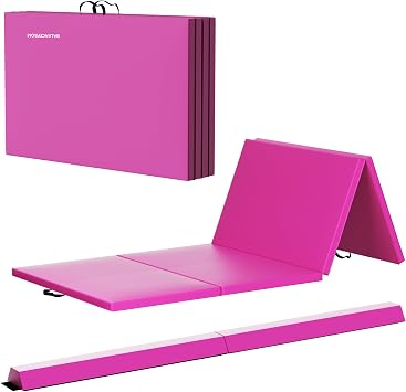 BalanceFrom 10x4 Feet 4-Panel Folding Mat with 2-Inch Padding and 8-Foot Foldable Balance Beam Set, Blue for Gymnastics, Tumbling, Cheer, Yoga, Pilates, Home Workouts, and Martial Arts