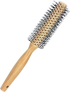 Round Curling Comb with Original Wooden Handle Made of Pure Beech Wood,Gentle Nylon Bristles,For All Hair Styles,Natural and Gentle Hair Brush (Yellow)
