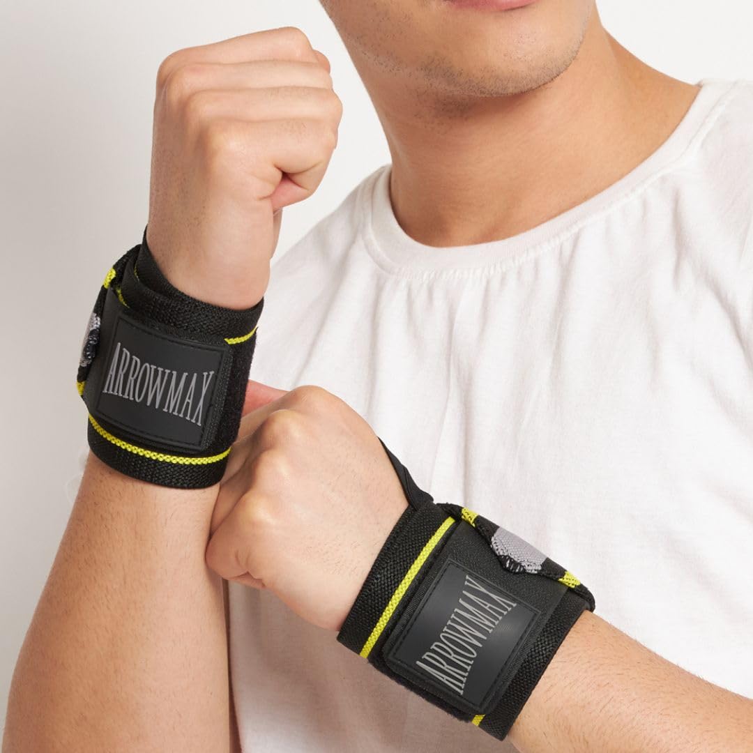 Arrowmax Cotton Wrist Band for Men & Women, Wrist Supporter for Gym Wrist Wrap/Straps Gym Accessories for Men for Hand Grip & Wrist Support While Workout & Muscle Relaxation (Black/Yellow) (B0CK5SD5H7) Amazon Price History, Amazon Price Tracker