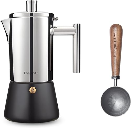 Easyworkz Diego - Cafetera de café espresso de acero inoxidable de 4 tazas de 6.8 onzas, con cuchara de café retro de acero inoxidable con mango de