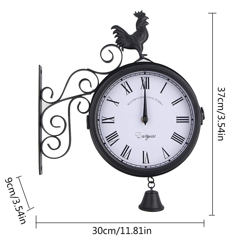 Horloge murale double face - Horloge de gare - Étanche - 30 x 37 x 9 cm - Avec design en fer forgé - Style rétro - Pour gare, couloir ou jardin - Noir