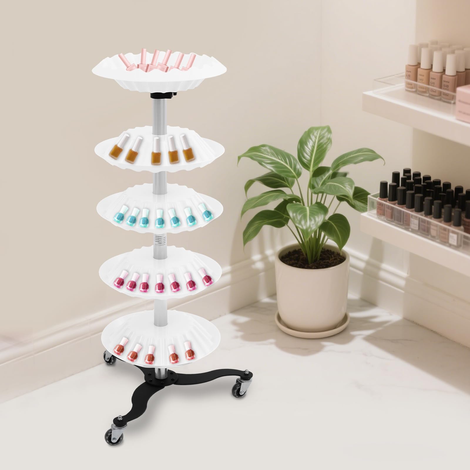 5-Tier Nagellack Drehgestell Nagellack-Display mit Rädern Nagellack-Wagen-Organisator Weiß, mit Rollen, Edelstahl und PP, 100 cm Höhe, Freistehend