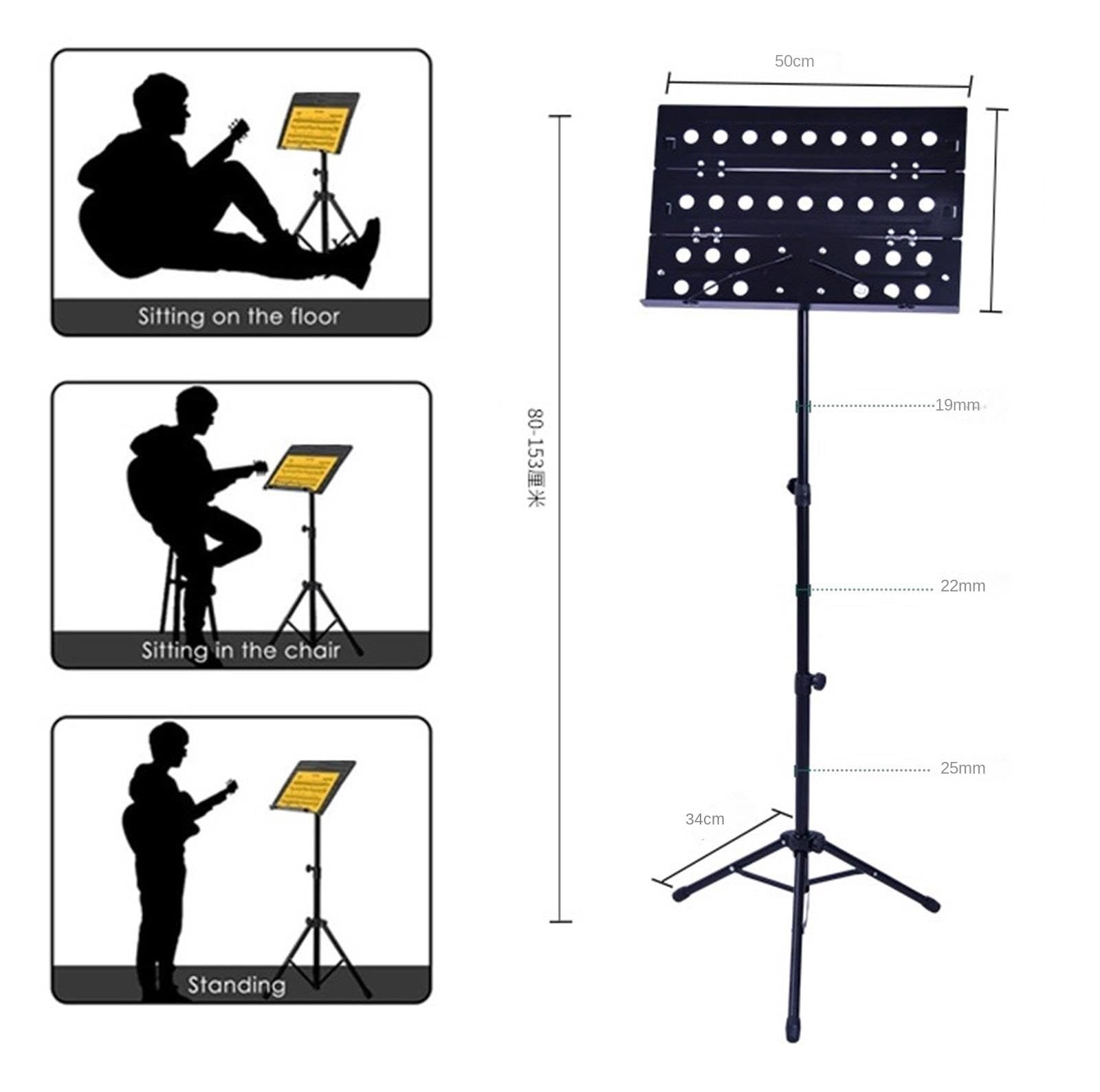 Zusammenklappbarer tragbarer Notenständer, Tragbarer Notenständer, höhenverstellbar von 80–153 cm, Schwarz for Band- und Outdoor-Auftritte
