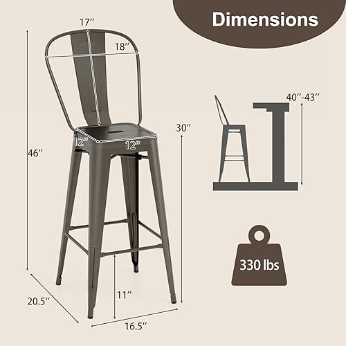 Miniatura 3 de GOFLAME Sillas laterales de comedor de metal de 30 pulgadas con respaldo extraíble y pies antideslizantes, silla industrial apilable para cafetería,