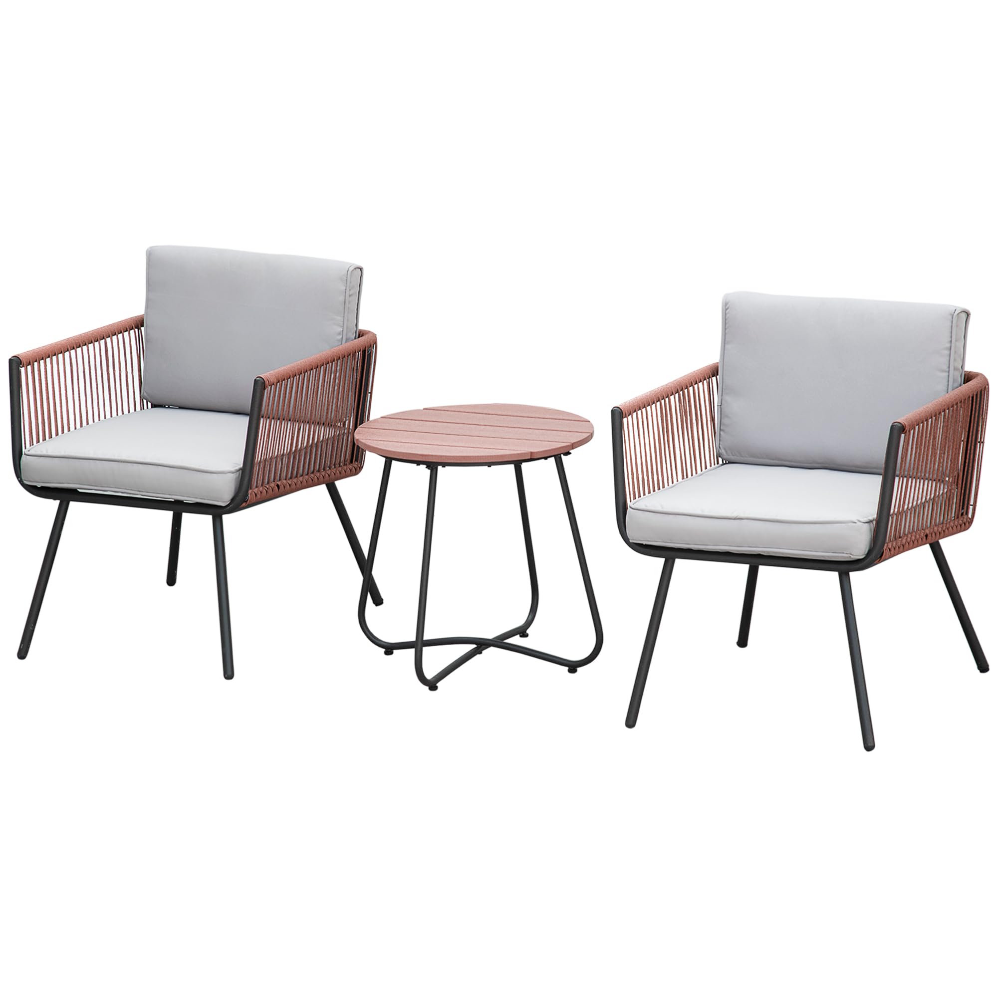 Outsunny Conjunto de Muebles de Jardín de Ratán Sintético 3 Piezas Conjunto de Mesa y 2 Sillas de Ratán con Cojines Acolchados Extraíbles para Balcón Terraza Patio Teca y Gris