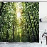 abakuhaus foresta tenda da doccia, estate alberi inquadratura estrema, tessuto set di decorazioni per il bagno con ganci, per la vasca da bagno, 175 cm x 200 cm, fern verde giallo