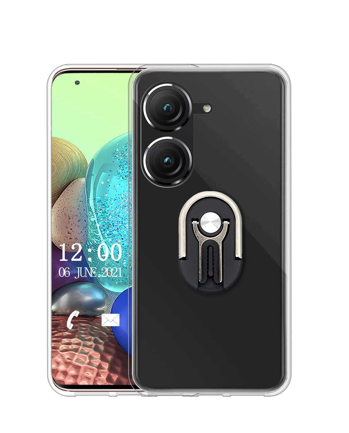 Case compatible with Asus Zenfone 9,Car Phone Holder Air Vent Transparent Soft Premium TPU Silicone Back Cover Ring Kickstand,360 Degree Rotating Metal Finger Holder(black)