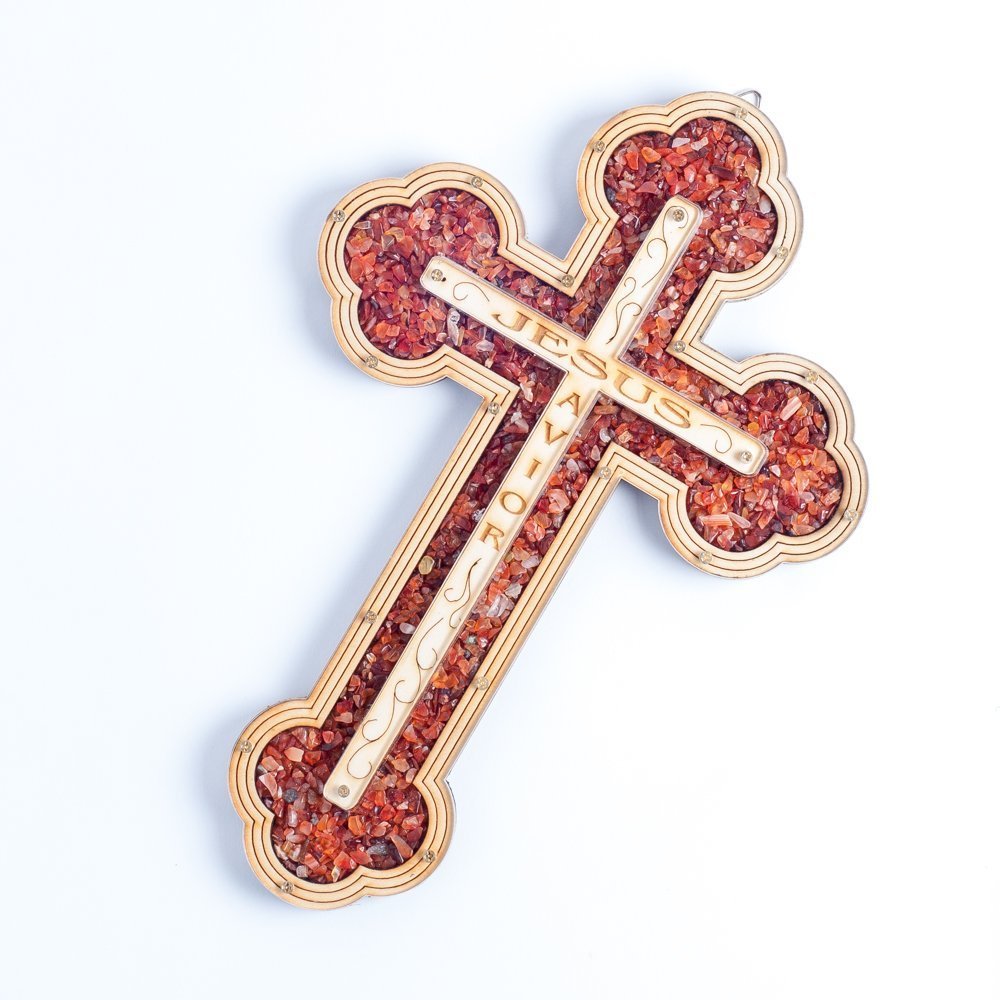 'Jesus Savior' Wall Wood Cross Filled with Carnelian Special Energy Stones 11"