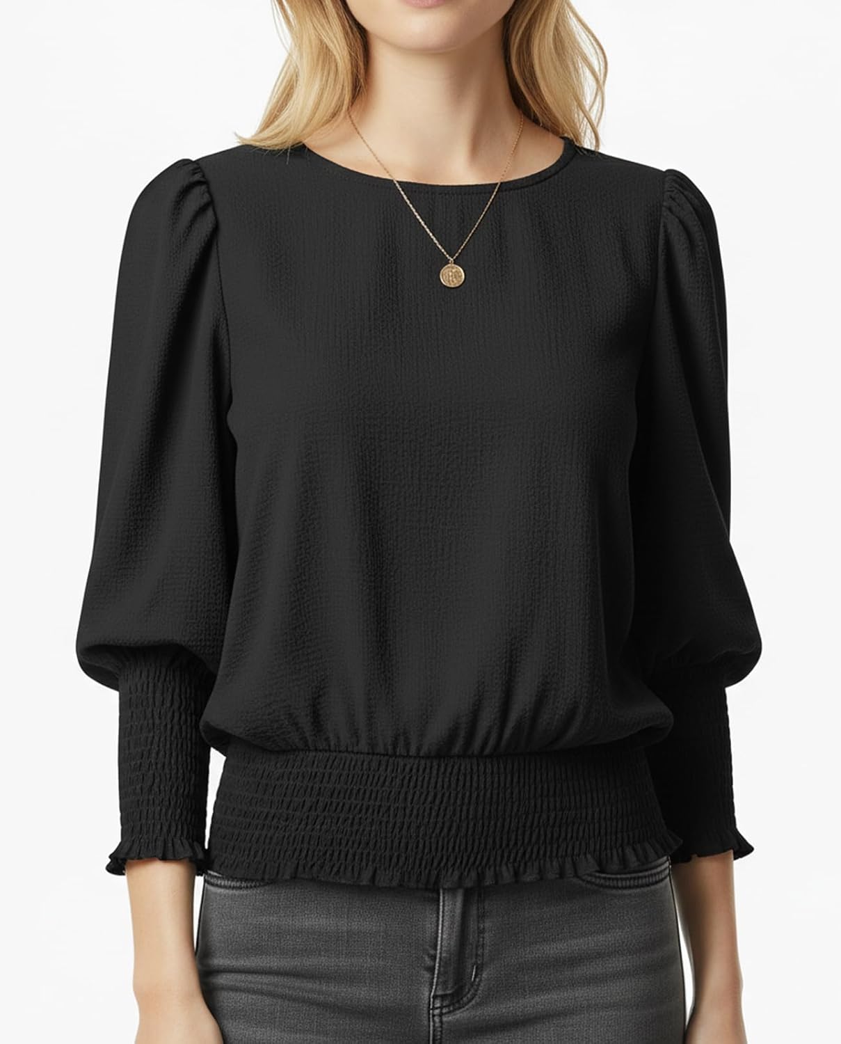 Women Cinched Waist Tops Banded Bottom Puff Sleeve Smocked Top Chiffon Blouse Dressy Casual Outfits - Image 3