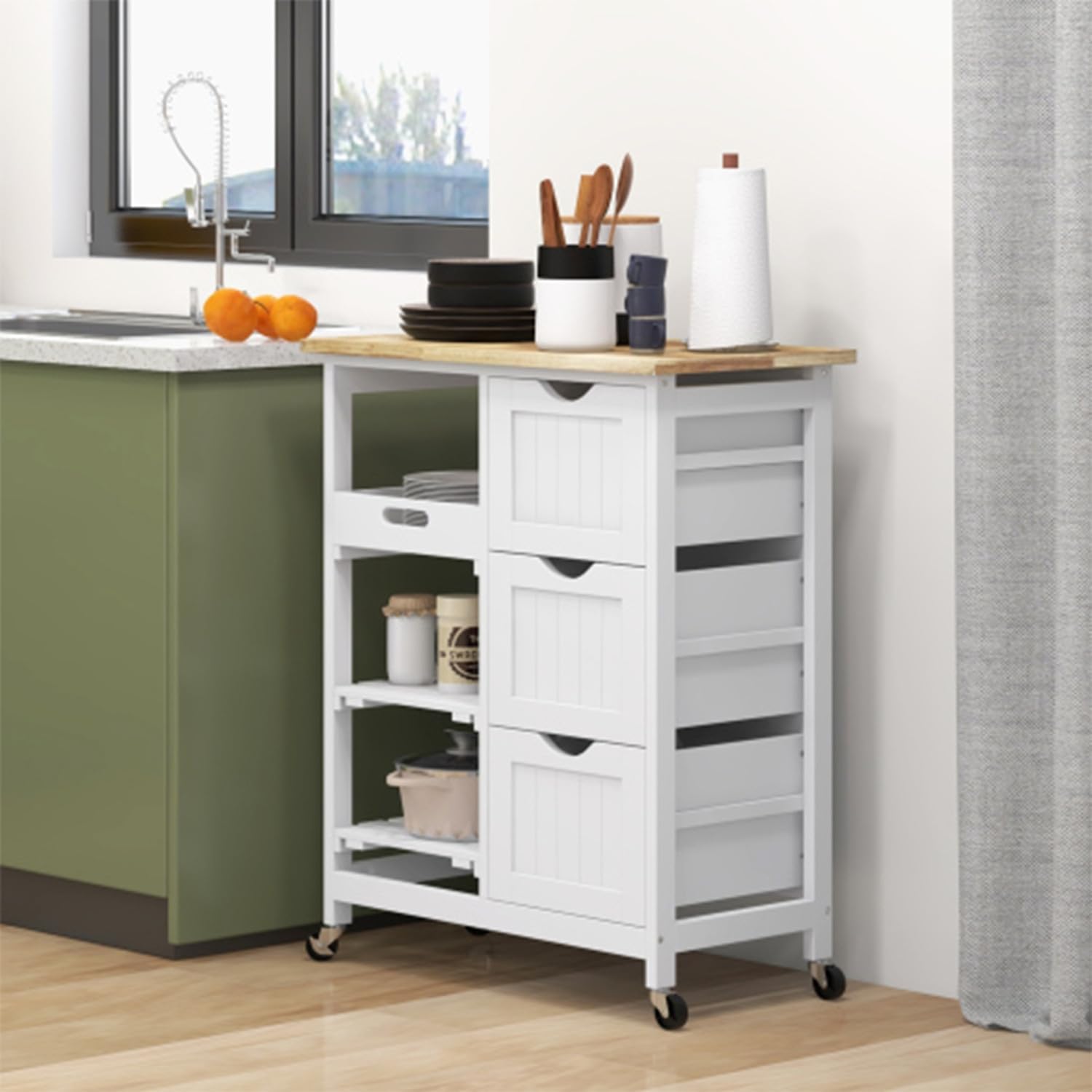 Rolling Kitchen Island with Wine Rack Rubberwood Top & Drawers Utility Cart on Wheels Storage Trolley Bar Serving Cart for Dining Room Living Room (5-8 Days delivery) White