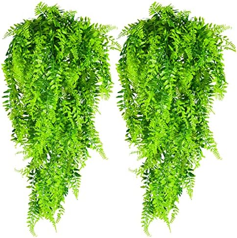 4 Pack Artificial Hanging Plants Fake Hanging Ferns Boston, Plastic Ivy Vines UV Resistant Faux Greenery Wall Plants for Outdoor Indoor Porch Yard Patio Office Garden Home Decor
