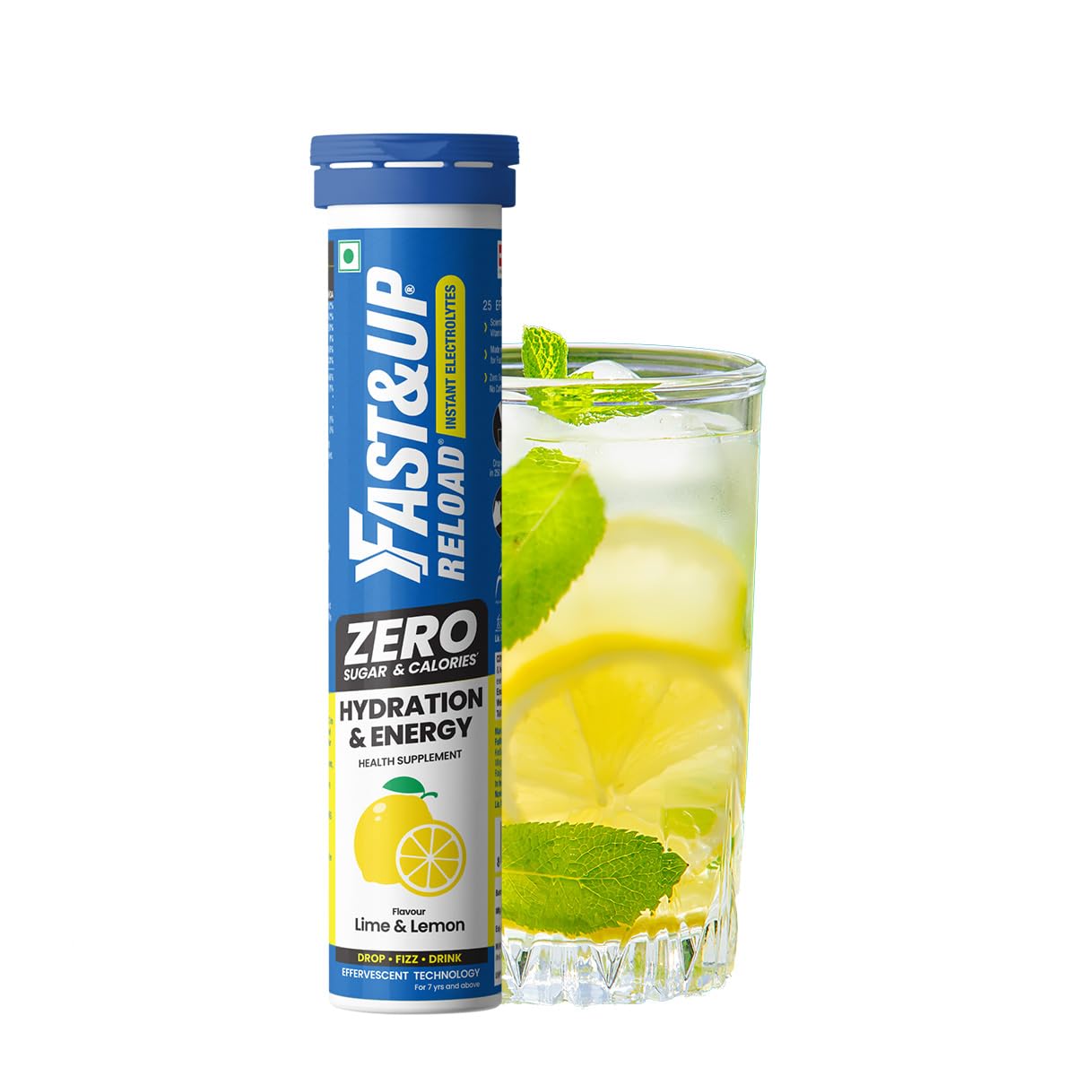 Fast&Up Reload Zero - Zero Sugar Instant Energy & Hydration Drink - Lime Lemon Flavour - 25 Effervescenet Tablets