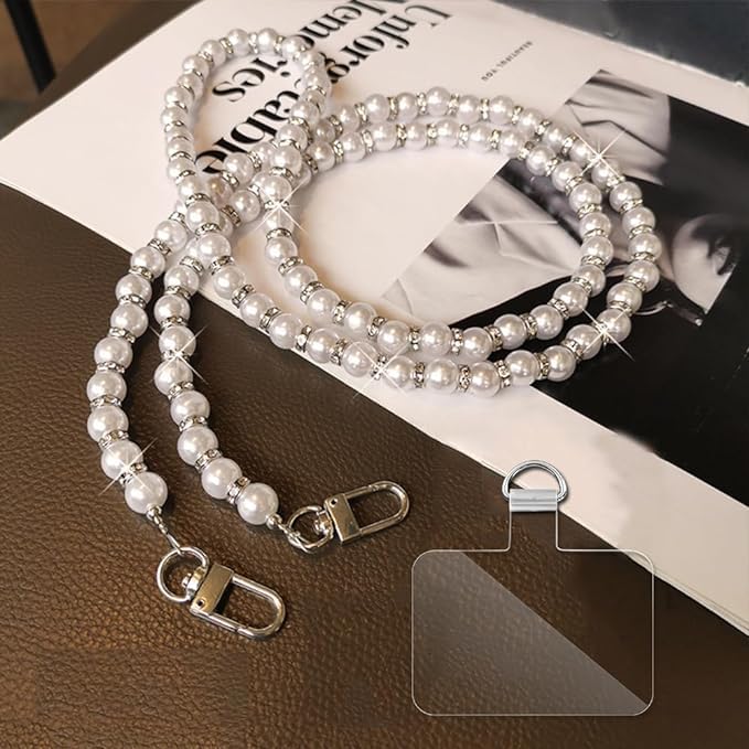 Image of KHOLAD White Bow Phone Chain Crossbody Pearl Strap | 2in1 Wrist & Shouler Crossbody Lanyard | Pearl Beads Charms Chain with Phone Tether Patches | Compatible with Most Phones, Bag, Purse