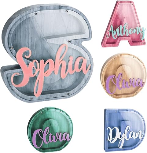 callie Alcancía personalizada con múltiples fuentes con texto multicolor grabado, caja de dinero personalizada de madera con inicial para niños y