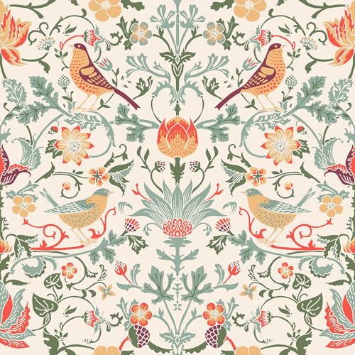 VEELIKE vintage William Morris Papel Pintado Flores Beige Bohemio 44,5 cm x 300 cm Papel Pintado Autoadhesivo Flores Pájaros Fotomurales Decorativos Pared Dormitorio Salon Vinilos Armarios Baño