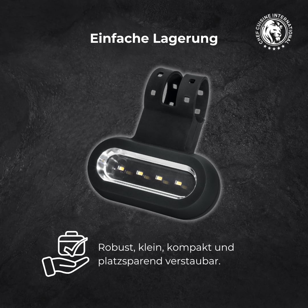 Chef Cuisine Grill Licht LED – Grill Beleuchtung mit drei Helligkeitsstufen, batteriebetriebene Kunststoff Grill Lampe, universelle Befestigung mit Silikonband, 4 LEDs, Leuchtdauer bis zu 18 Stunden